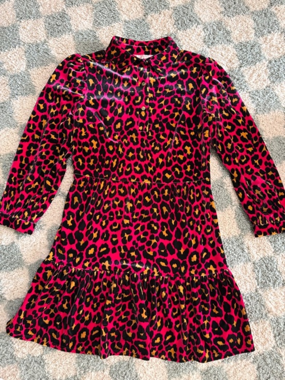JUDE CONNALLY Pink Velvet Leopard Print Long Sleeve Mini Tiered Dress Sz Small